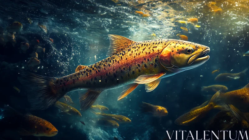 Digital painting of trout shoal with dramatic underwater lighting.