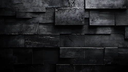 Black textured rectangular panels form layered abstract wall