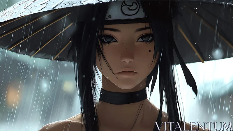 Female anime warrior under straw hat in heavy rainfall.