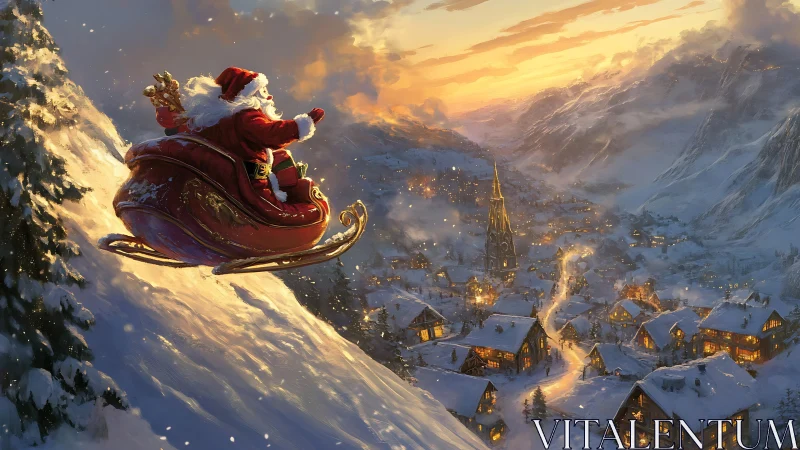 Santa sleigh glides above glowing winter village at dusk.