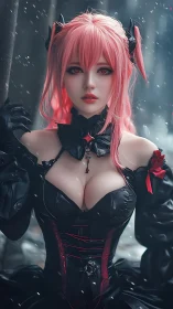 Pink haired gothic demon girl in black corset dress portrait.