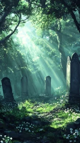 Backlit forest graveyard illuminated by volumetric light rays