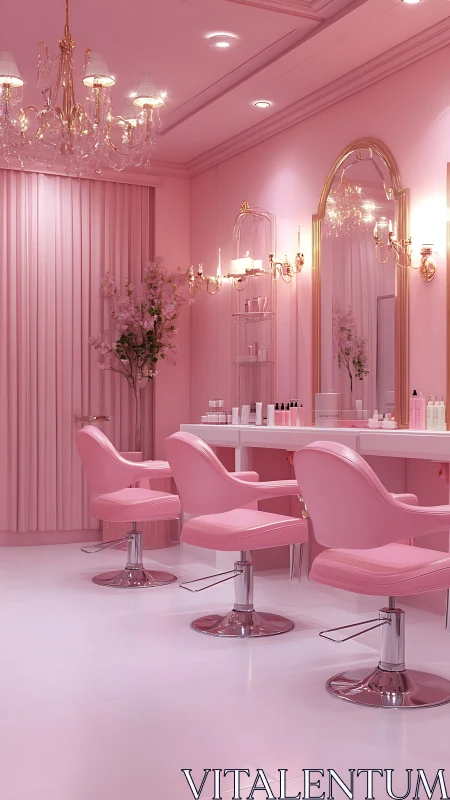 Luxury pink salon interior with chandeliers and mirrors.