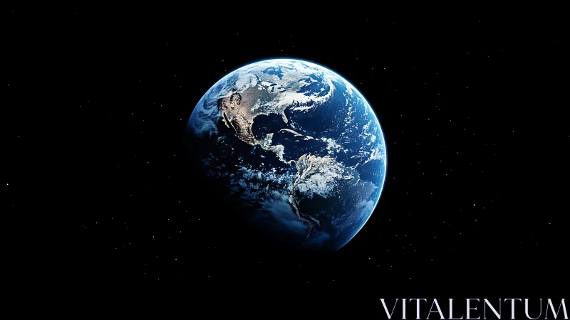 Solitary Earth illuminated in deep cosmic darkness.