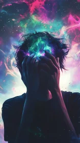 Silhouetted figure dissolves into nebula-like cosmic mindscape