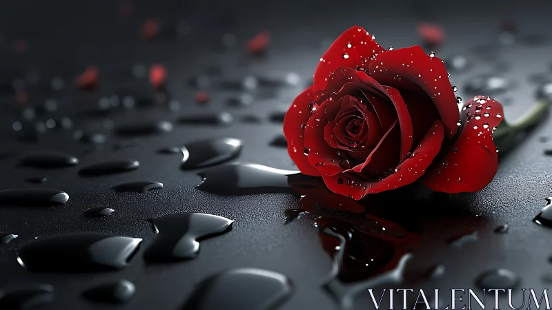 Red Rose with Dewdrops on Dark Stone Surface