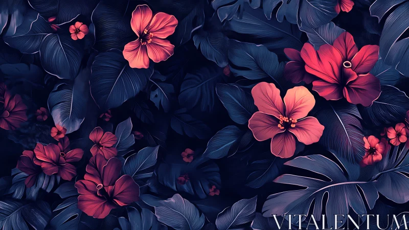 Digital rendering displays botanical composition with neon pink flora against deep navy background.