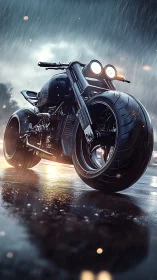 Custom cyber street motorcycle under cinematic rainstorm lighting.