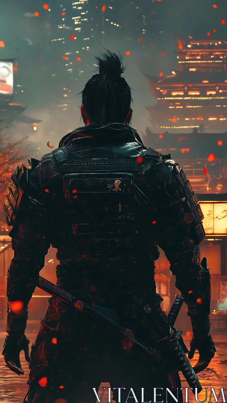 Lone cyber samurai stands ready in a neon city nightscape