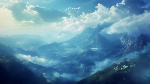 Luminous blue mountain range under sweeping cloud seas.