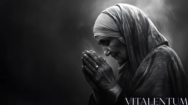 Elderly Woman in Prayer, Black and White Portrait Photography.