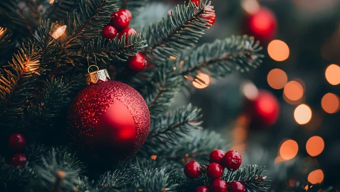 Red ornament hangs on evergreen branch with out-of-focus lights