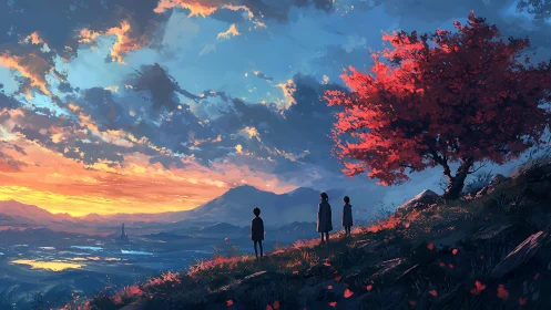 Children observe sunset valley beneath red autumn tree.