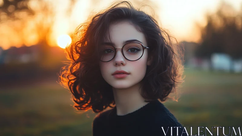 Portrait of young woman in glasses at golden sunset.