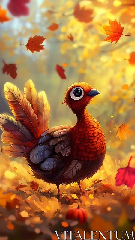 Autumnal avian character under volumetric foliage lighting.