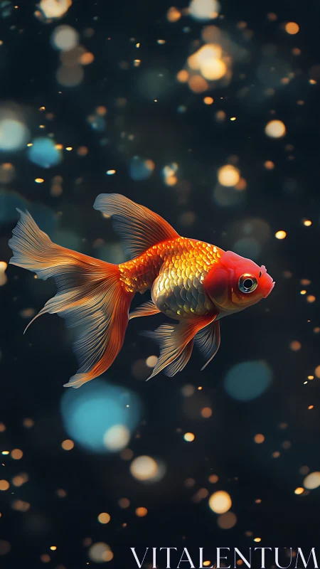 Vibrant goldfish gliding through glowing bokeh depths.