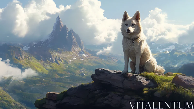 White mountain dog overlooking sunlit alpine valley panorama.