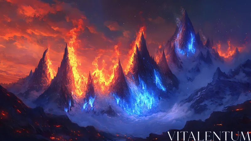 Volcanic Peaks Ignited with Blue and Orange Fire.