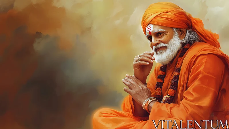 Saffron sage in quiet prayer against swirling golden dusk.