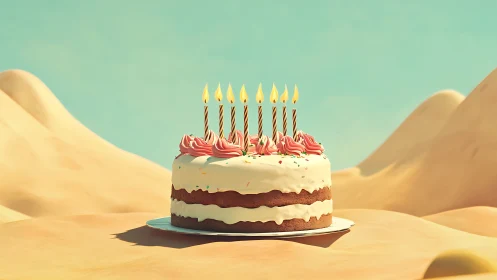 Layered birthday cake with lit candles positioned in sandy desert landscape.