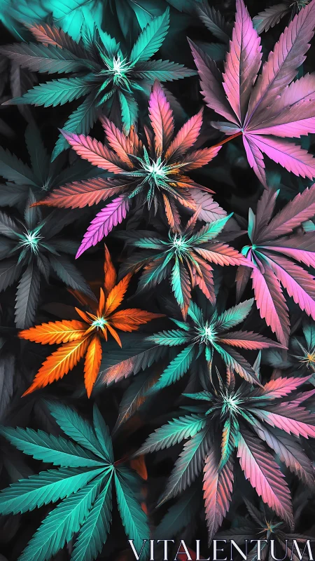 Multicolored cannabis leaves arranged in dense pattern.