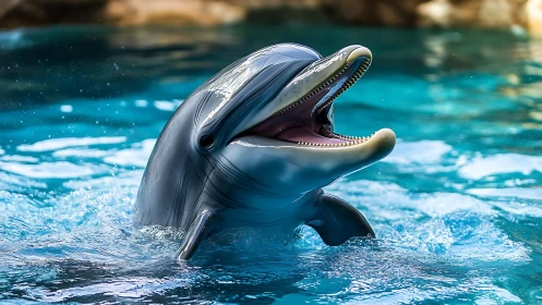 Joyful dolphin pops from jewel toned water and laughs loudly