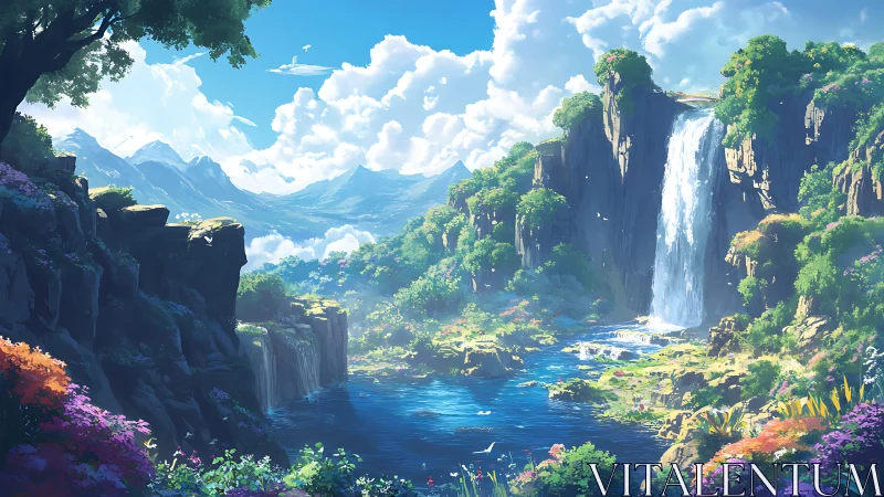 Luminous valley waterfall pours into sunlit crystal lake