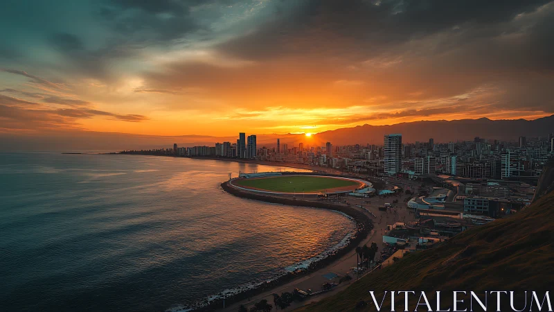 Coastal stadium bay at sunset with high-rise urban skyline