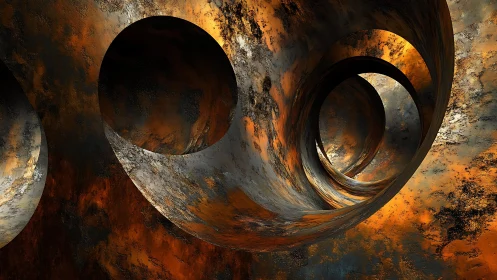 Abstract metallic tunnel with glowing orange highlights, digital art.