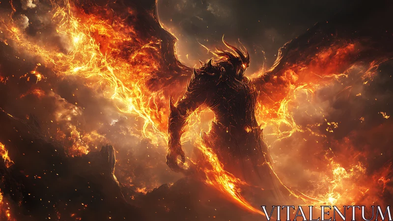 Blazing winged guardian rises from stormlit embers.