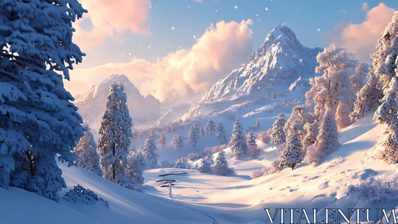 Sunlit winter valley reveals pristine snowbound mountainscape