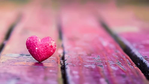 Crystalline Magenta Heart with Dew Formation on Weathered Wooden Surface