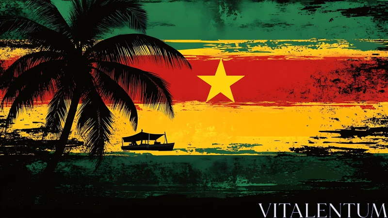 Cameroon flag with palm tree silhouette and weathered texture overlay