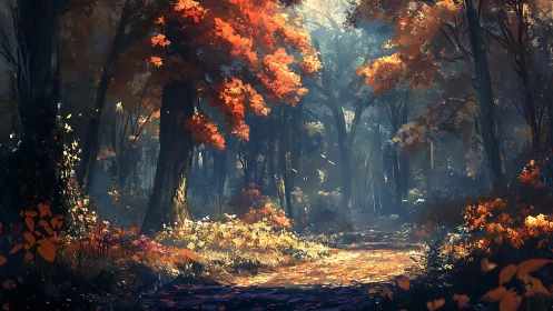Enchanted Forest Path in Autumn Glow.