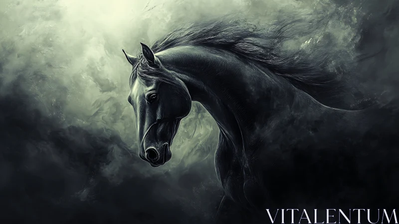 Storm-forged phantom stallion emerging from spectral mist.