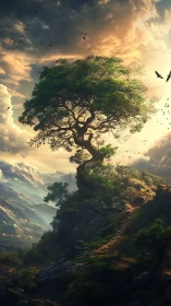 Skyward sentinel tree crowns a myth-lit mountain path.