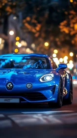 Electric blue sports car cruising through cozy city lights.