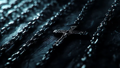 Silver crucifix resting in moody chains of shadowed light.