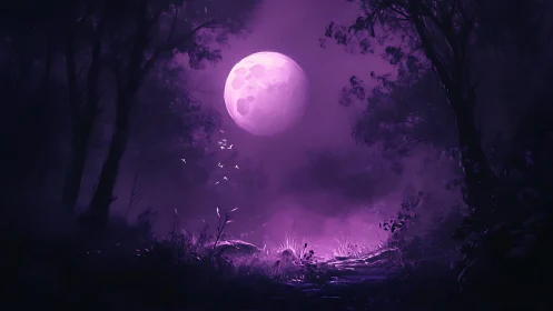 Enchanted violet moonlight bathes a misty midnight forest