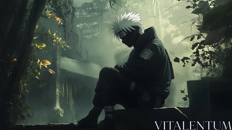 Masked figure sits in overgrown ruins with diffused backlight