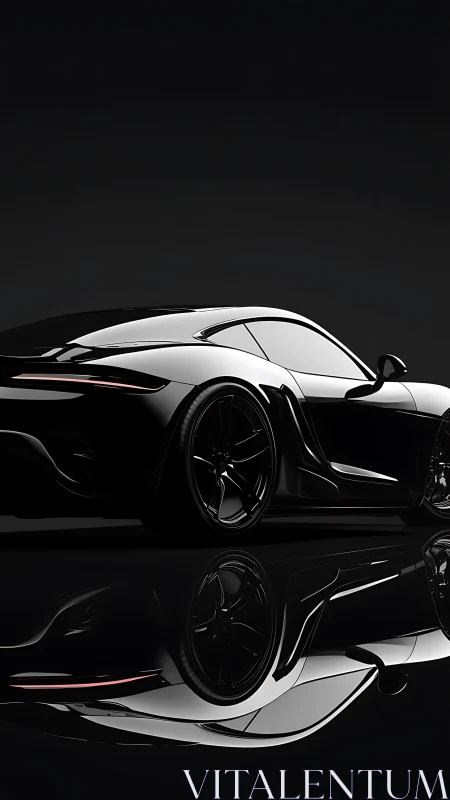 Midnight-black sports coupe gliding through reflective light.