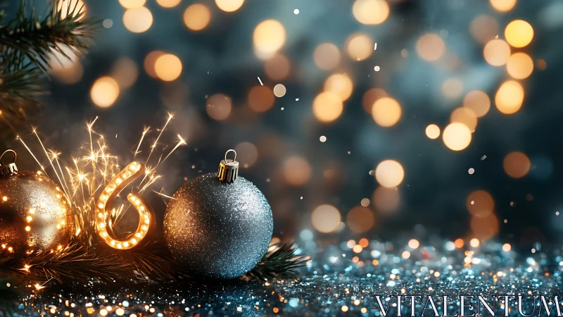 Sparkling New Year ornaments glow gently in festive lights