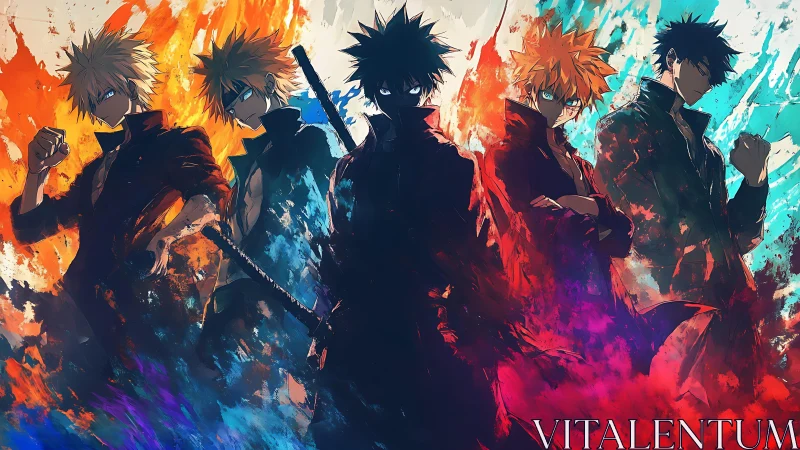 Five stylized figures in elemental colors against abstract field.