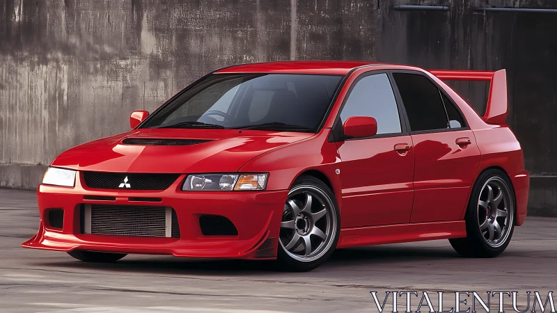 Red Mitsubishi sedan with aero kit is parked by concrete wall