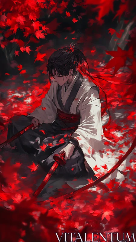 Solitary samurai in maple leaf vortex rendered in dynamic brushwork