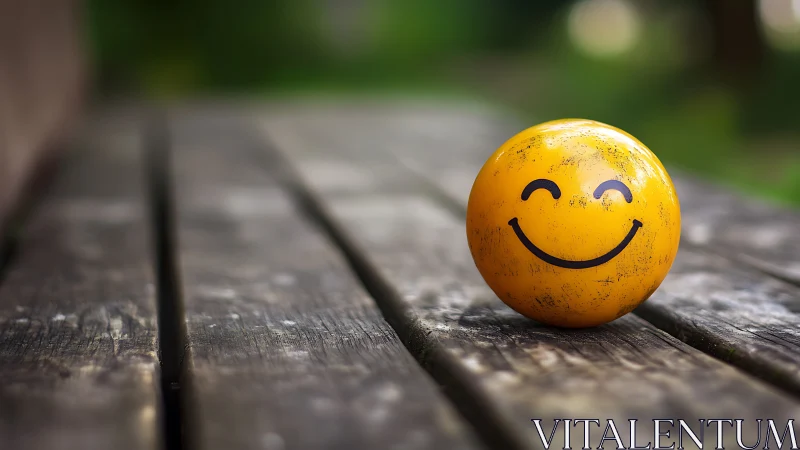 Smiley yellow ball resting on worn wooden bench outdoors.
