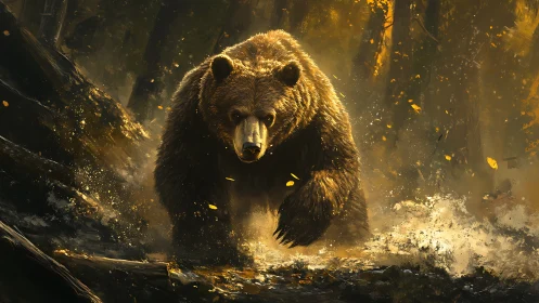 Charging grizzly bear cuts through golden forest stream.