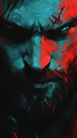 Intense warrior portrait rendered in high-contrast digital paint