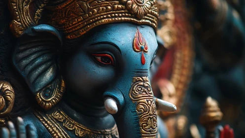 Photorealistic close-up of ornate blue Ganesha sculpture.
