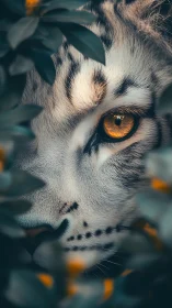 Golden-eyed tiger watches quietly through soft jungle leaves